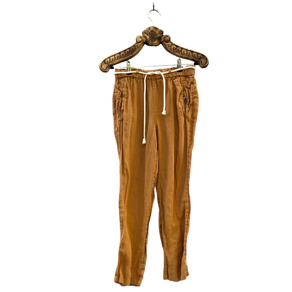 C&C California Linen Pants Tan Camel Rope Belt Straight Leg Elastic Waist Small